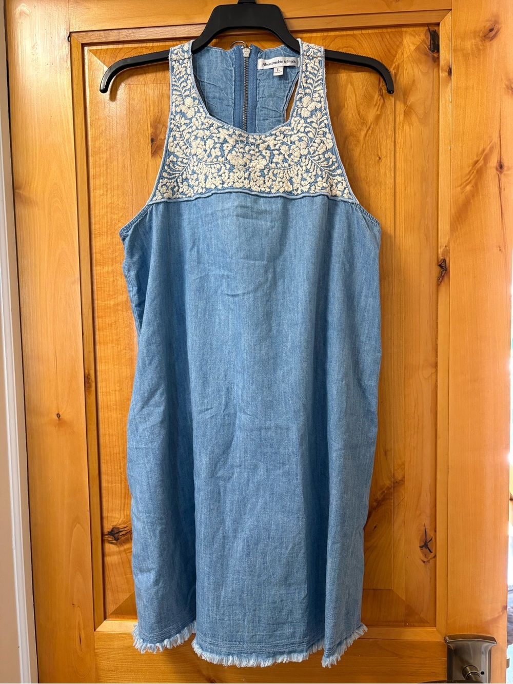 Abercrombie & Fitch Light Blue Denim Mini Dress with Cream Embroidered Yoke